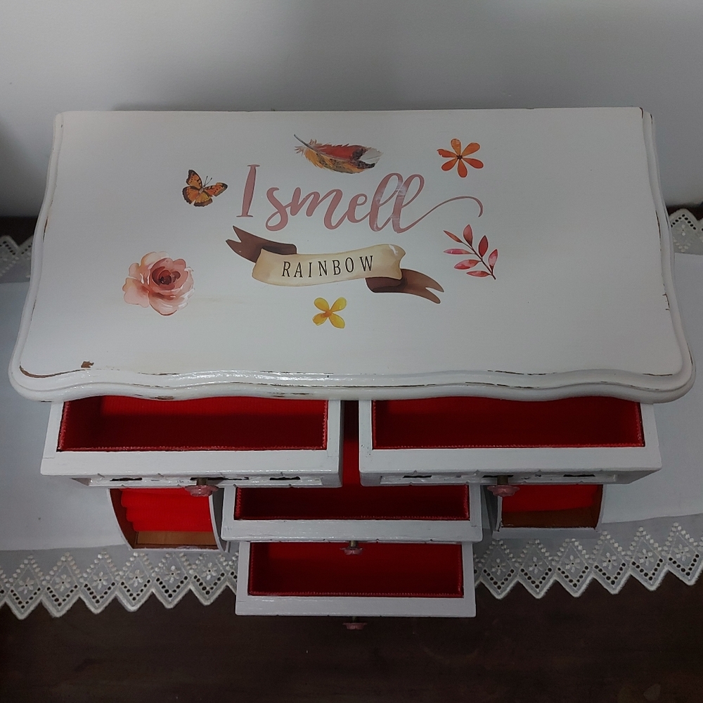 Gunther Mele 1977 Refinished Shabby Chic White Jewelry Box with Red Interior